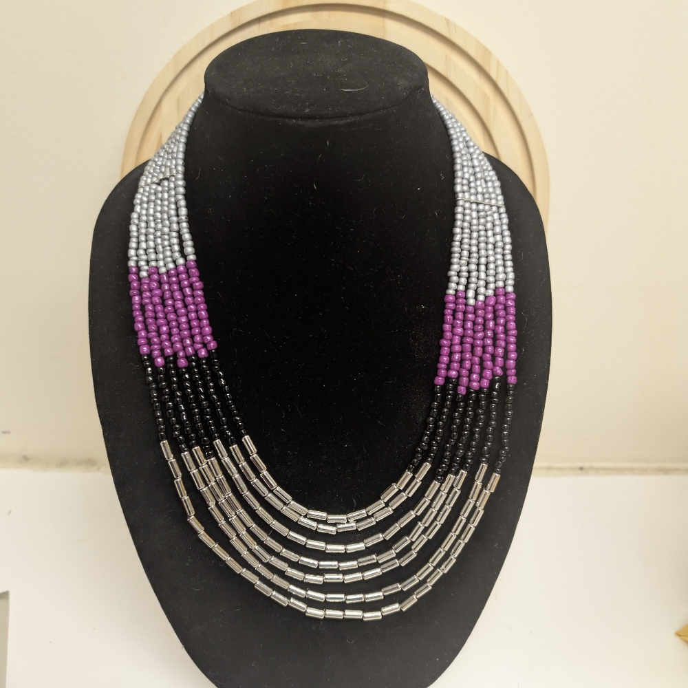 Boho Beaded Necklace in Silver, Black & Purple. Tribal Necklace